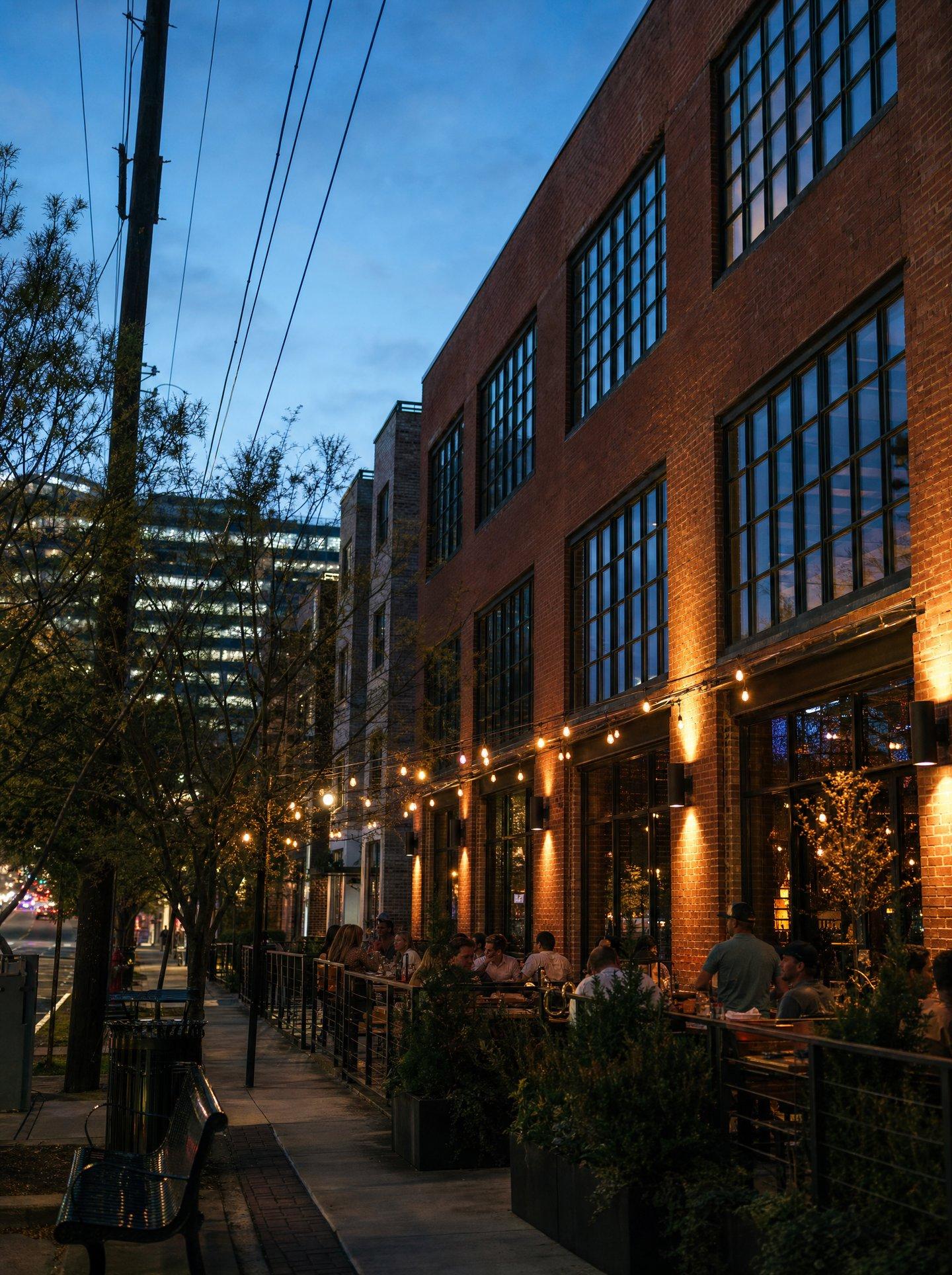 Converted brick warehouses and restaurants in West Midtown Atlanta
